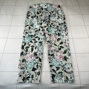 J. Jill Pants Womens Small Petite Cream Green Floral Linen Ankle Button Light